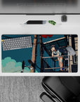 32x16 inches anime girl mouse pad in deep teal and warm browns, calm daydream mood with soft clouds.