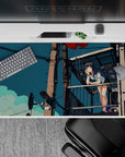 40x20 inches anime girl mouse pad in deep teal and warm browns, dreamy calm mood with soft clouds.