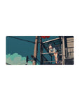 Anime girl balcony scene mouse pad 28x12 inches with red balloons, city cables, and teal sky.