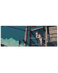 Anime girl balcony scene extended mouse pad 32x12 inches with red balloons and city poles.