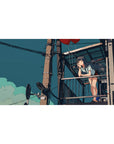 40x20 inches anime girl desk pad with balcony scene, red balloons, and city cables under teal sky.