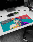Winking mint-haired anime girl in tiny hat on desk pad 36x16 inches, playful scene with stripes and dots.