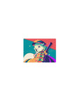 Classic anime girl mouse pad 14x10 inches with mint-haired wink, bold stripes, and confetti dots.