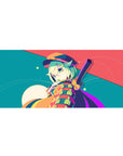 Anime girl desk pad 36x16 inches with mint-haired wink, bold stripes, floating dots, and moonlit vibe.