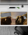 Moody sunset gold to stormy gray anime mouse pad 32x16 inches, sketchy textures, quiet epic feel.