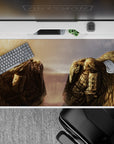 Moody sunset gold to storm-gray anime desk pad 40x20 inches with rainy textures and quiet tension.