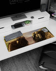Armored Titan vs Colossal Titan locked in a rainy stare-down on an anime mouse pad 32x12 inches.