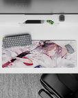 Pastel pink, milky white, and smoky gray anime girl mouse pad 32x12 inches with calm edgy mood.
