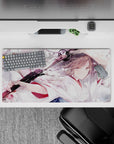 Pastel pink, milky white, and smoky gray watercolor anime desk mat mouse pad 32x16 inches.