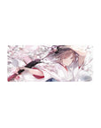28x12 inches anime girl mouse pad with katana and drifting sakura petals, watercolor style desk mat.