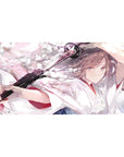 Anime girl desk pad 40x20 inches with shrine maiden katana art and floating sakura petals.