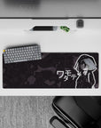 32x12 inches anime desk mat in deep charcoal camo, crisp white outlines, moody sleepy vibe.