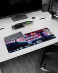 Artistic 32x12 inches mouse pad featuring Neon Sakura Nights, showcasing the harmony between modern city lights and delicate cherry blossoms.