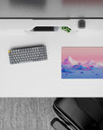 14x10 inches mouse pad featuring Prismatic Peaks, showcasing the tranquil beauty of pastel geometric mountains and a soft, serene horizon.