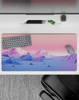 32x16 inches mouse pad with Prismatic Peaks, showcasing the calming beauty of pastel blue and pink mountains against a serene horizon.