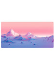 Mouse pad featuring Prismatic Peaks, 32x16 inches, with geometric pastel mountains rising against a gentle horizon, blending modern design with tranquility.