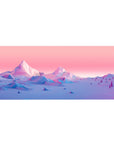 Desk pad featuring Prismatic Peaks, 36x16 inches, with geometric pastel mountains rising against a soft horizon, creating a surreal and serene design.
