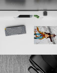 Anime mouse pad 14x10 inches in pale blues with tiger-gold coat, deep browns, and bold scarf-red accents.