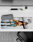 32x12 inches anime mouse pad in pale blues with crisp linework, bold scarf red accents, airy winter chaos.