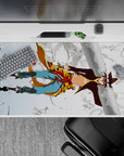 40x20 inches anime desk pad in pale winter blues with bold scarf-red accents, airy crisp linework, chaotic vibe.