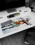Anime desk pad 36x16 inches featuring white-haired runner with headband and calm stare on icy peaks.