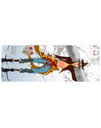 32x12 inches anime mouse pad with sky-runner on snowy cliffs, tiger-gold coat, mask spirits, red scarf.