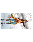 32x16 inches anime mouse pad with sky-runner on snowy cliffs, swirling red-eyed mask spirits, crisp linework.