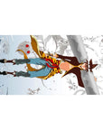 40x20 inches anime desk pad with sky-runner on snowy cliffs, tiger-gold coat, red mask spirits, clean lines.