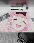 Cute anime desk pad 40x20 inches in soft blush pinks and creamy highlights, warm flirty mood.