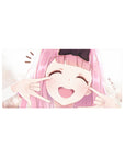 32x16 inches anime girl mouse pad with pink-haired girl, big black bow, smiling with eyes closed.
