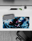 28x12 inches anime mouse pad in cold blues with stormy brush strokes, glossy rain-lit highlights, intense mood.