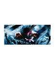 28x12 inches anime mouse pad with hooded dark-armored fighter and razor pink eye glow, stormy power art.