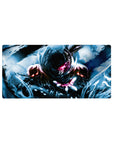 32x16 inches anime mouse pad with hooded dark-armored fighter and razor pink eye glow, stormy power art.
