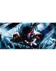 36x16 inches anime desk pad with hooded dark-armored fighter, pink eye glow, stormy power effect.