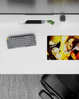 Anime mouse pad 14x10 inches in hot gold and deep shadows, bold heroic vibe for night gaming.