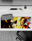 32x12 inches anime mouse pad with hot gold lighting on a dark backdrop, sleek metallic tones, focused mood.