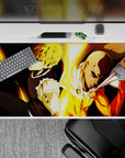 40x20 inches anime desk pad with hot gold light on dark backdrop, calm heroic vibe for late-night focus.