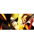 36x16 inches anime desk pad with Saitama and Genos back-to-back, sharp lines and heroic shadows.