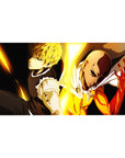 40x20 inches anime desk pad with Saitama and Genos back-to-back, bold lines and sharp shadows.