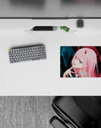 14x10 inches mouse pad featuring Zero Two design, with glitchy cyberpunk aesthetic, neon highlights, and sharp geometric patterns for a futuristic vibe.