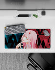 28x12 inches mouse pad with Zero Two design, blending glitchy cyberpunk style, neon highlights, and bold geometric patterns for a tech-inspired effect.