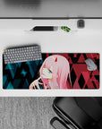 32x12 inches mouse pad with Zero Two design, featuring glitchy cyberpunk style, neon highlights, and geometric patterns for a futuristic, dynamic effect.