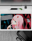 32x16 inches mouse pad with Zero Two design, blending glitchy elements, neon highlights, and sharp geometric patterns for a futuristic anime vibe.