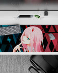 36x16 inches mouse pad with Zero Two design, showcasing neon highlights, geometric patterns, and glitchy elements for a bold, futuristic aesthetic.