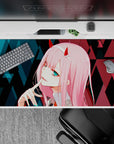 40x20 inches mouse pad with Zero Two design, blending glitchy cyberpunk elements, neon highlights, and geometric patterns for a bold, tech-inspired vibe.
