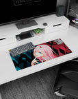 My Hero Academia mouse pad, 28x12 inches, featuring Zero Two design with glitchy cyberpunk aesthetics, neon highlights, and sharp geometric patterns.