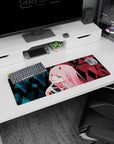 Artistic 32x12 inches mouse pad featuring Zero Two design, with glitchy cyberpunk elements, neon accents, and sharp geometric patterns for a bold anime vibe.