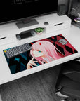 Modern 32x16 inches mouse pad featuring Zero Two design, with glitchy cyberpunk style, neon accents, and geometric patterns for a tech-driven aesthetic.