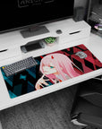 Artistic 36x16 inches mouse pad featuring Zero Two design, with glitchy cyberpunk elements, neon highlights, and sharp geometric patterns for a dynamic effect.