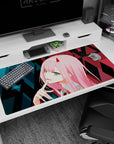 Large 40x20 inches mouse pad featuring Zero Two in a glitchy cyberpunk aesthetic, with neon accents and geometric patterns for a bold futuristic anime effect.